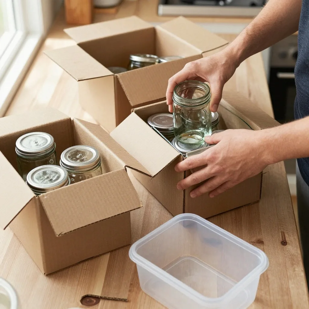 A household kitchen worktop mid-sort, with glass jars separated from cardboard and plastic