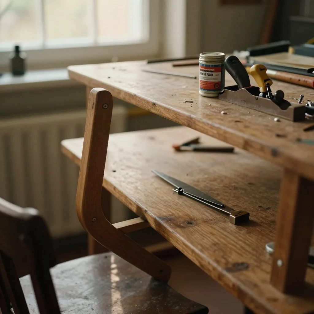 Hand tools and a wooden chair leg mid-repair on a workbench at home