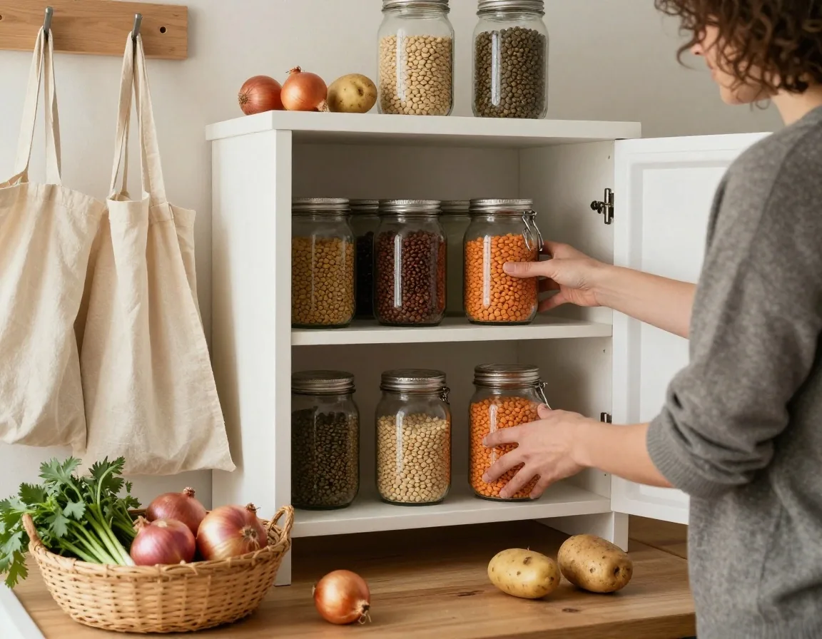 Refill jars of pasta, rice and lentils on a pantry shelf in a small kitchen