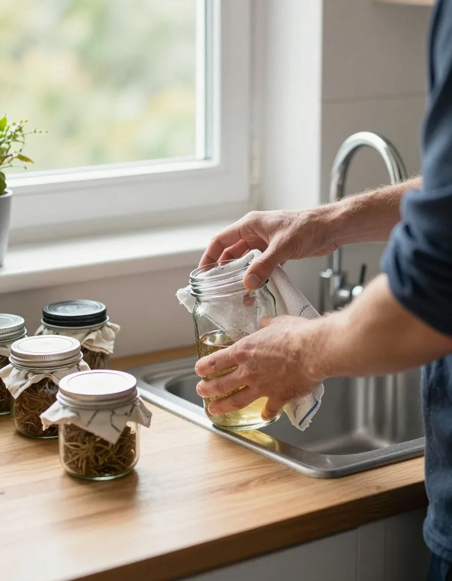 Hands rinsing a glass jar at a kitchen sink before it is reused for storage