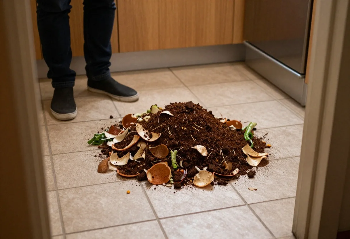 A compost caddy of vegetable peelings sitting on a tiled kitchen floor