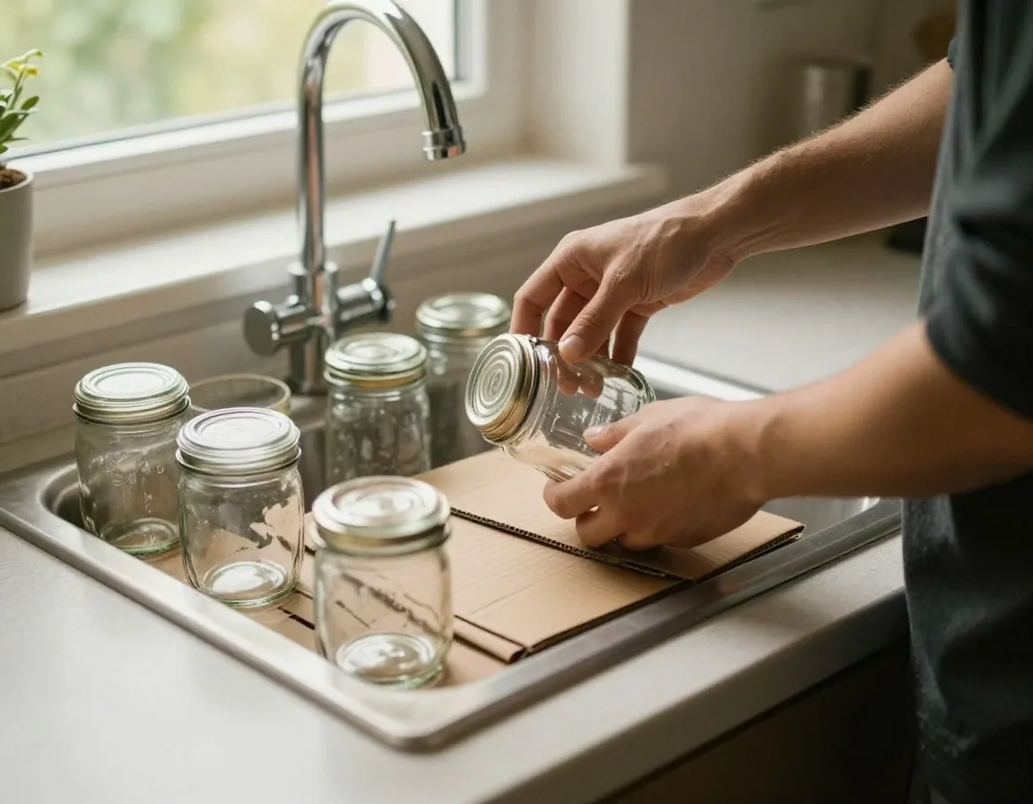 Hands sorting glass jars and cardboard at a kitchen sink before the weekly waste count