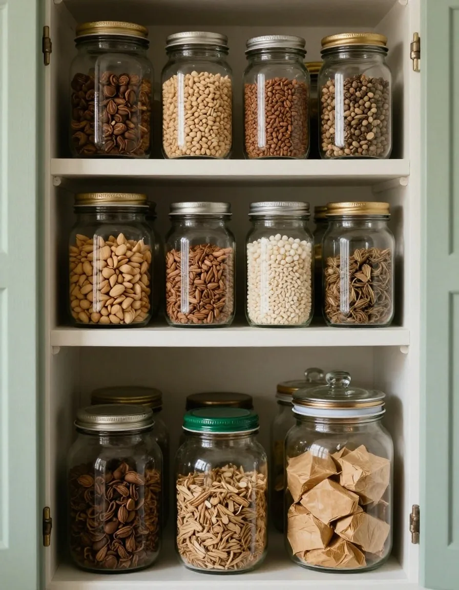 Refill jars and repurposed glass containers on a kitchen pantry shelf