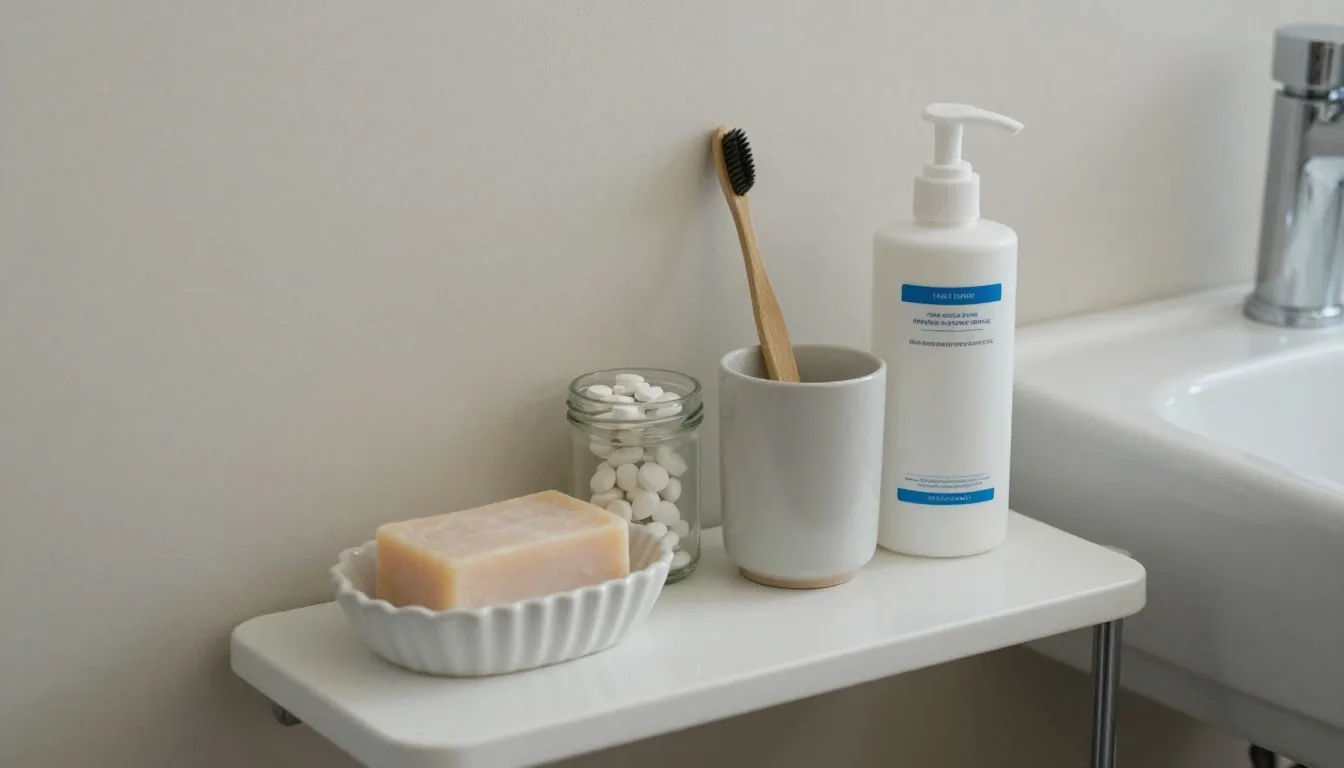 Bathroom shelf with a soap dish, bamboo toothbrush, refill jar and one plastic pump bottle