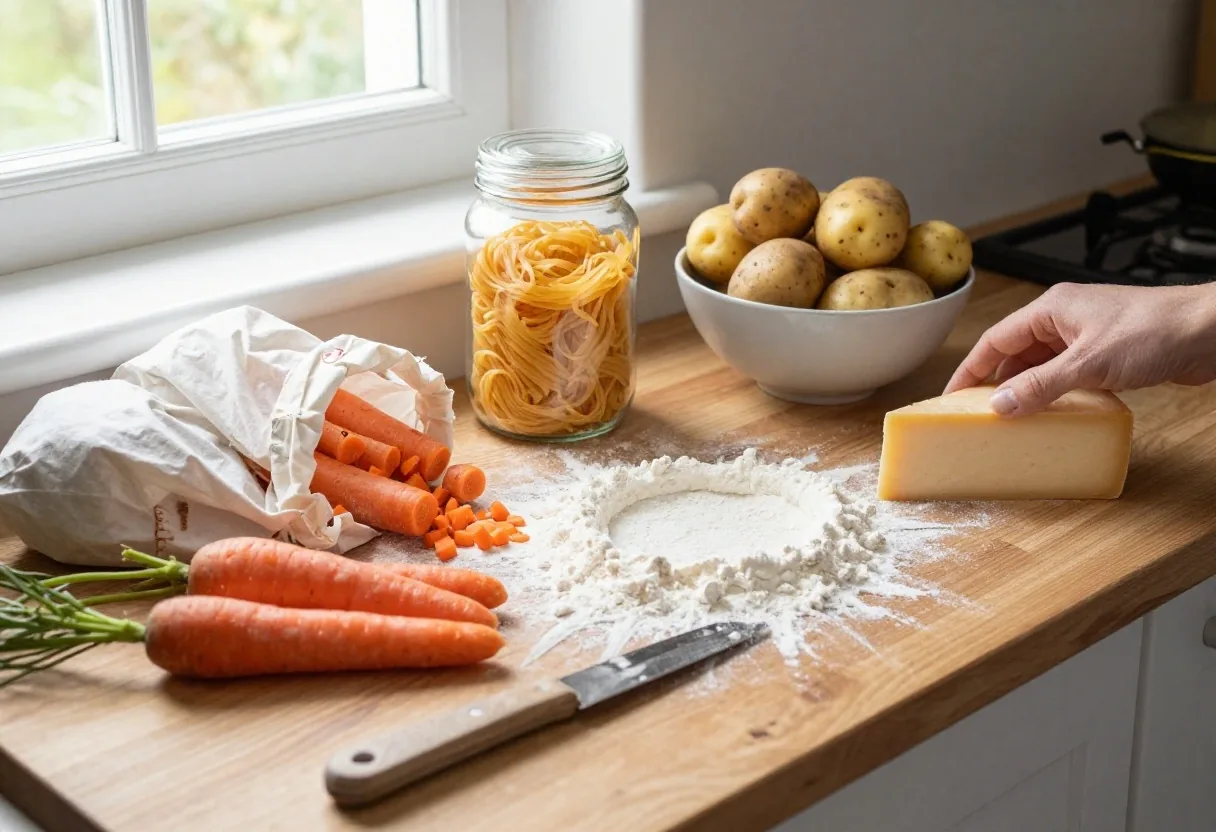 Kitchen worktop mid-sort with loose vegetables, cotton produce bags and a glass storage jar