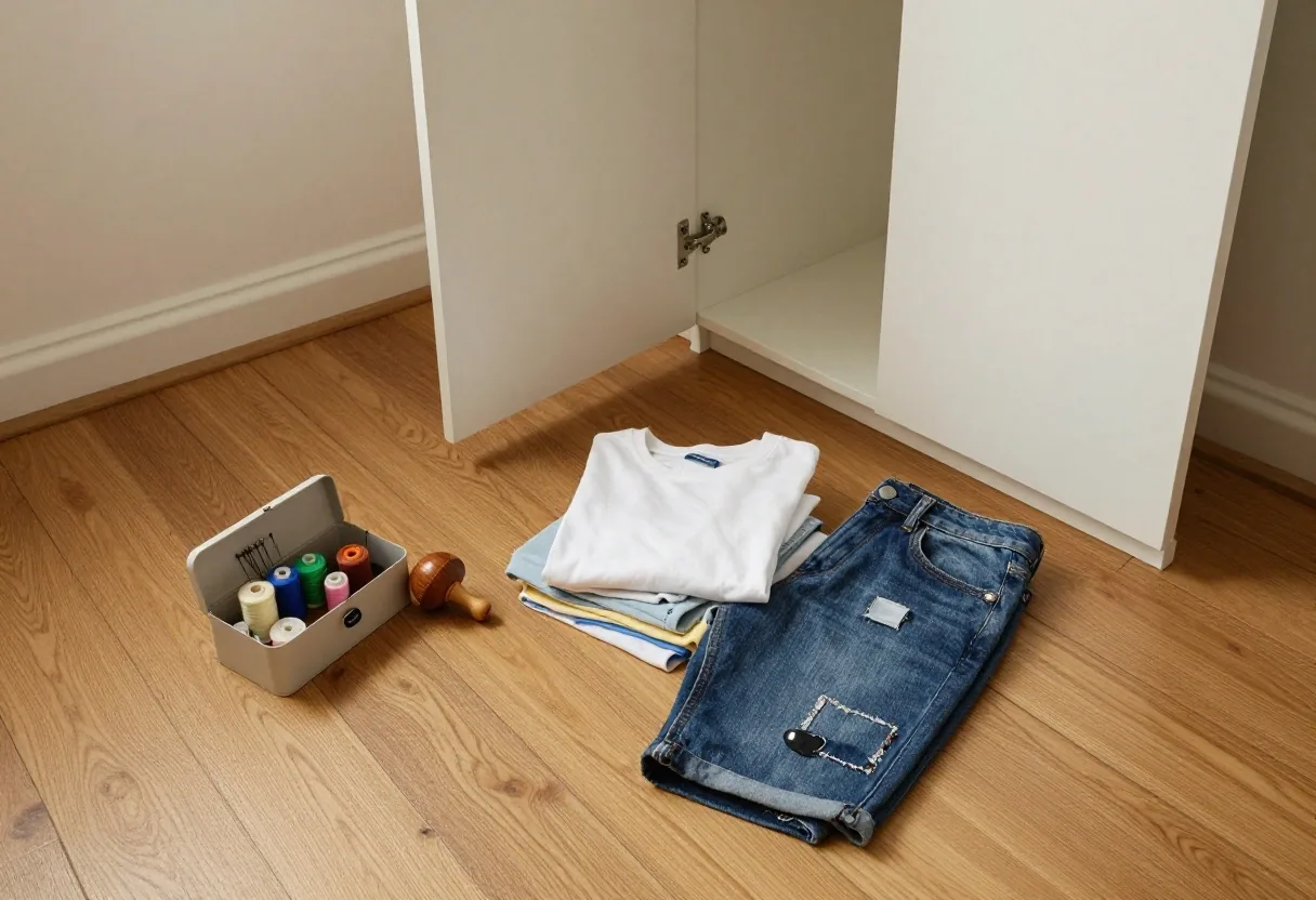 Repair box with needles and darning mushroom beside folded worn cotton t-shirts on a bedroom floor
