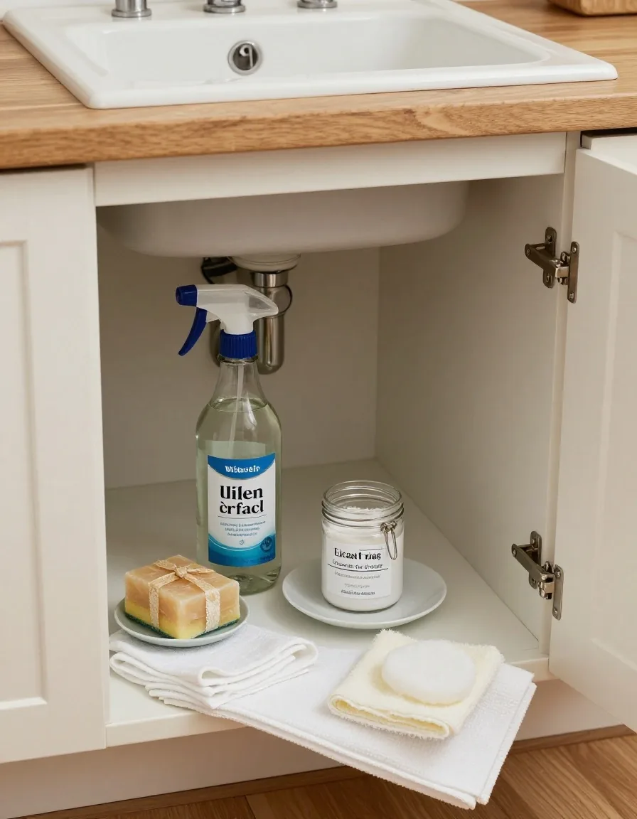 Under-sink cupboard with a glass spray bottle, bicarbonate of soda jar, castile soap and folded cloths