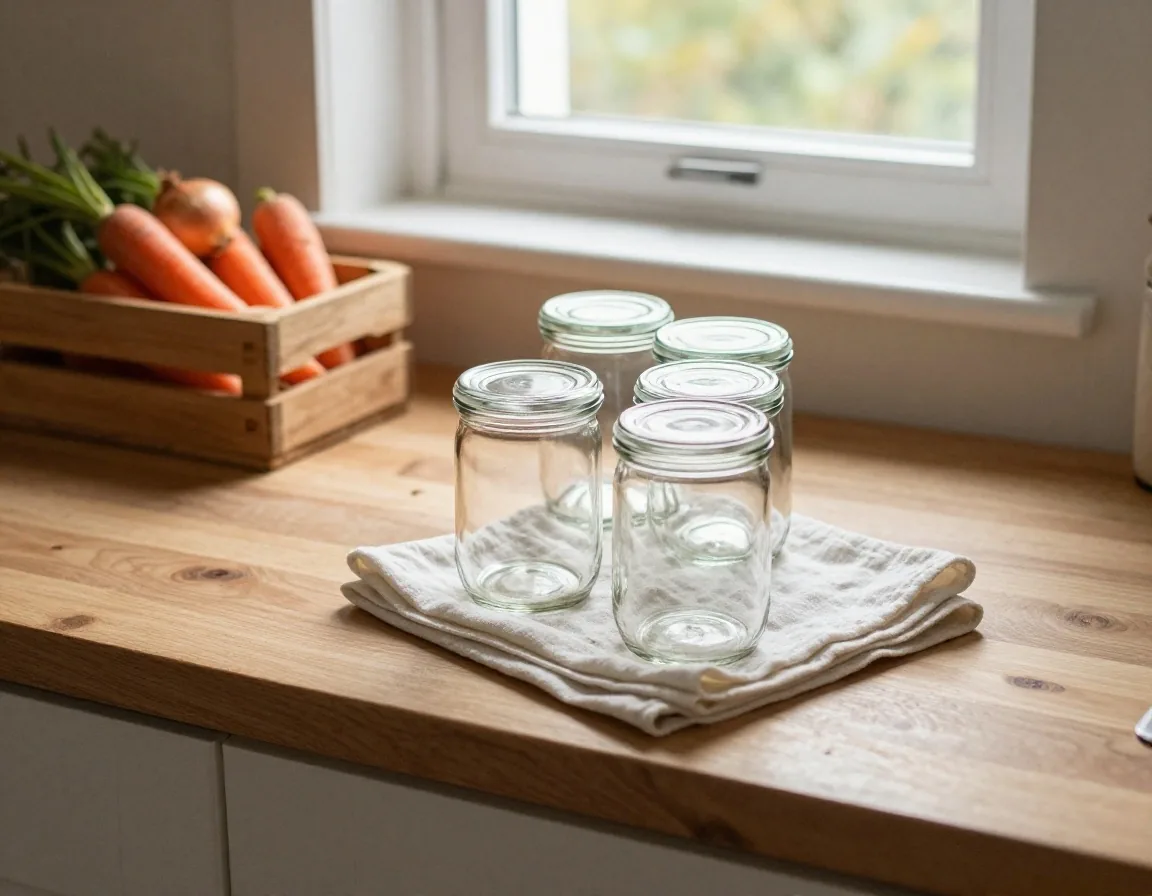 Clean glass jars drying on a cloth beside a crate of loose vegetables on a UK kitchen worktop