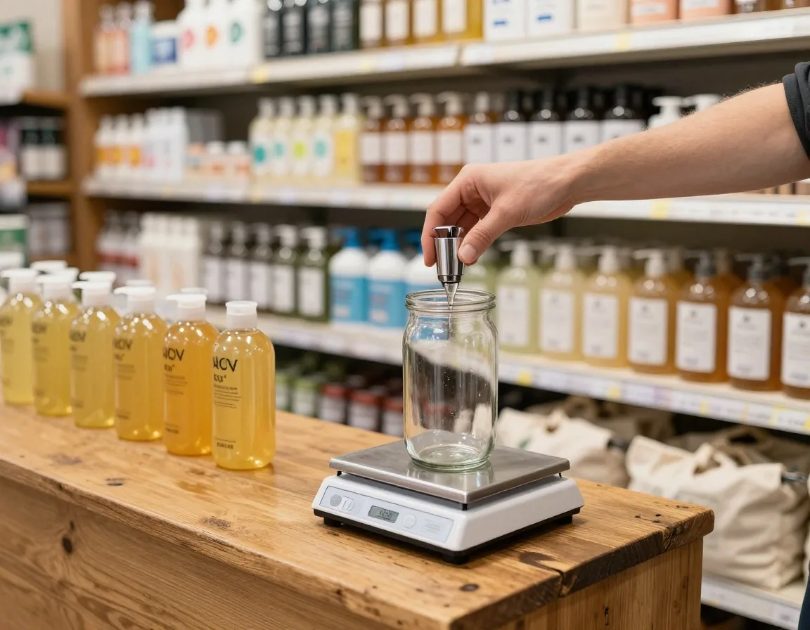 Customer filling a glass jar from a gravity dispenser in a UK refill shop