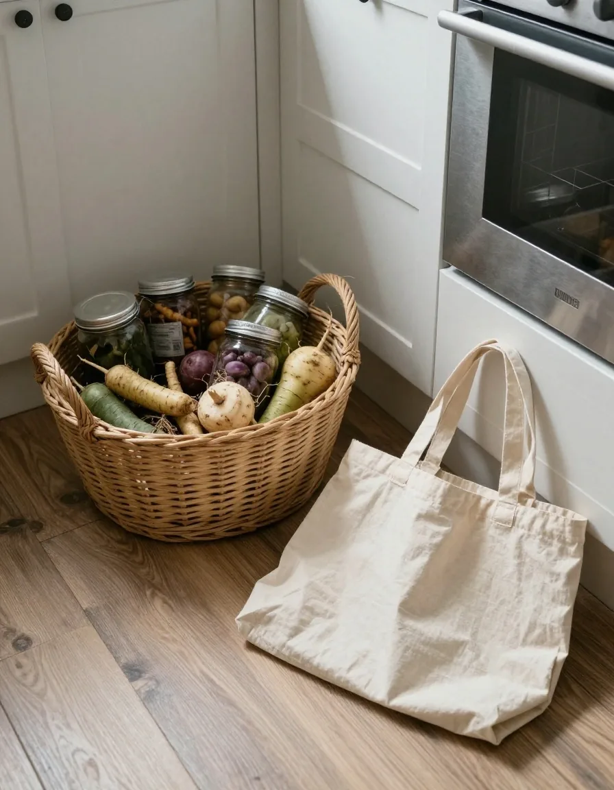 Reusable tote bag, glass jars and loose vegetables on a kitchen worktop