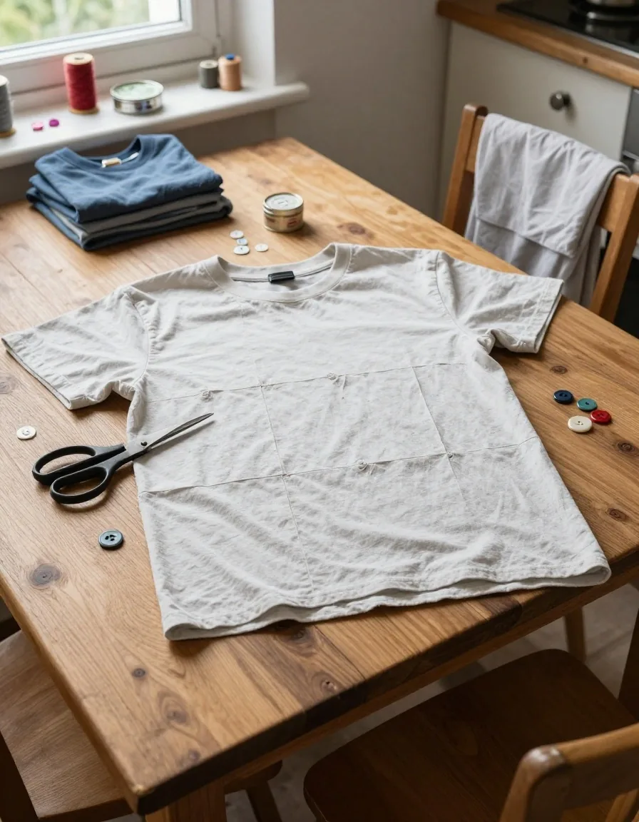 A worn t-shirt being cut into cleaning cloths on a kitchen table beside a sewing tin