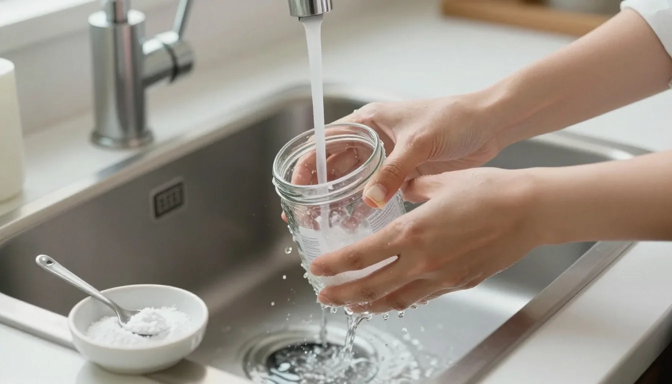 Hands rinsing and peeling a label from a glass jar at a kitchen sink