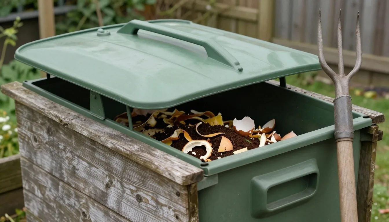 A compost caddy of vegetable peelings on a tiled kitchen floor beside a doorway