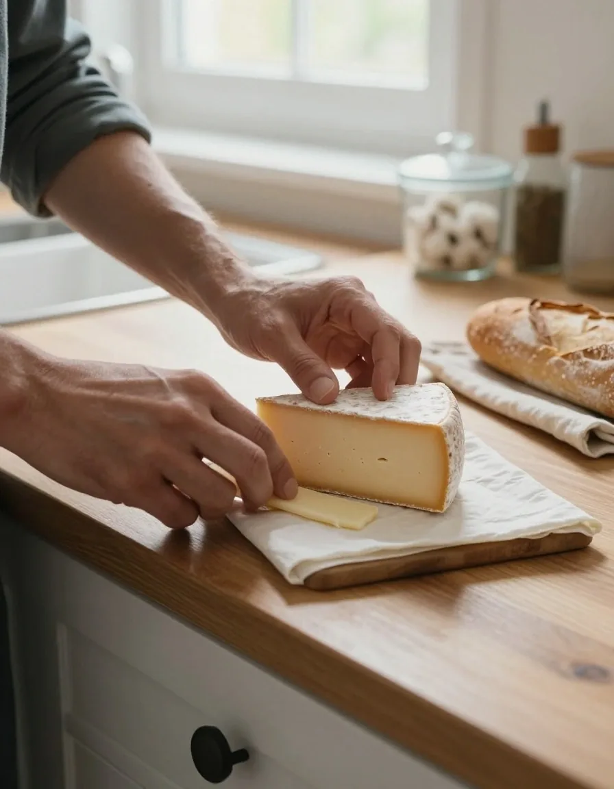 Hands moulding a beeswax wrap over a wedge of cheese on a wooden kitchen worktop
