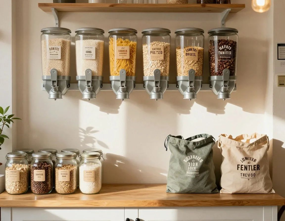 Refill dispensers of dry goods with cloth produce bags and glass jars on the counter
