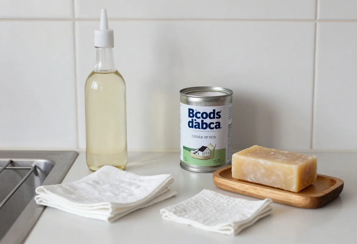 Refillable bottles, bicarbonate of soda, a soap bar, and cotton cloths beside a kitchen sink