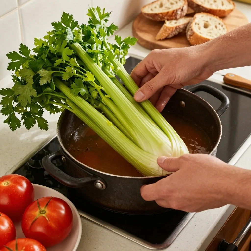 Wilting vegetables and bread crusts gathered on a worktop for soup and croutons
