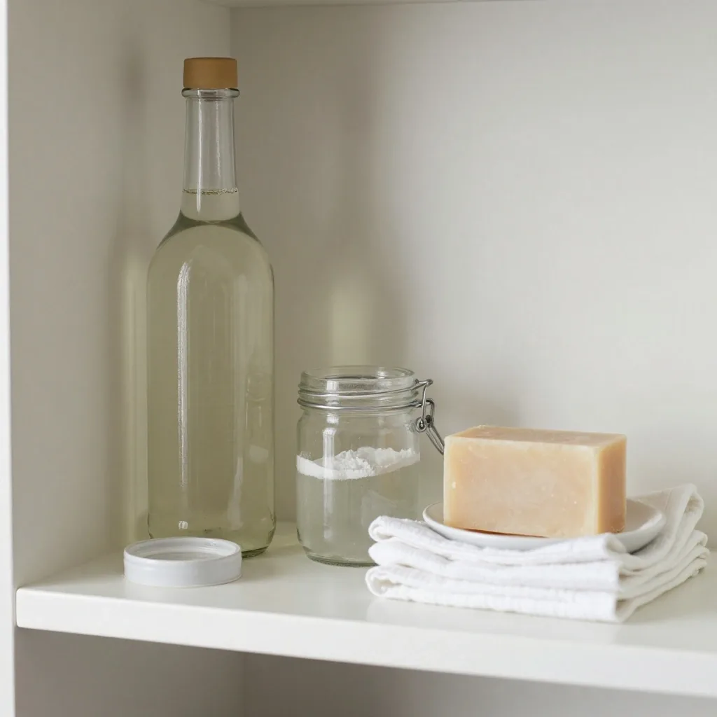 A shelf holding white vinegar, bicarbonate of soda, a bar of soap and folded cloths used for low waste kitchen cleaning