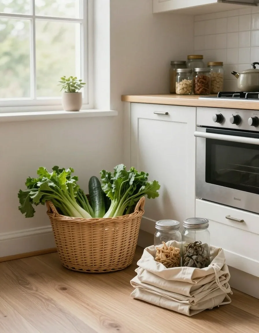 Reusable produce bags, glass jars and cloths laid out on a UK kitchen worktop ready for a first low waste week